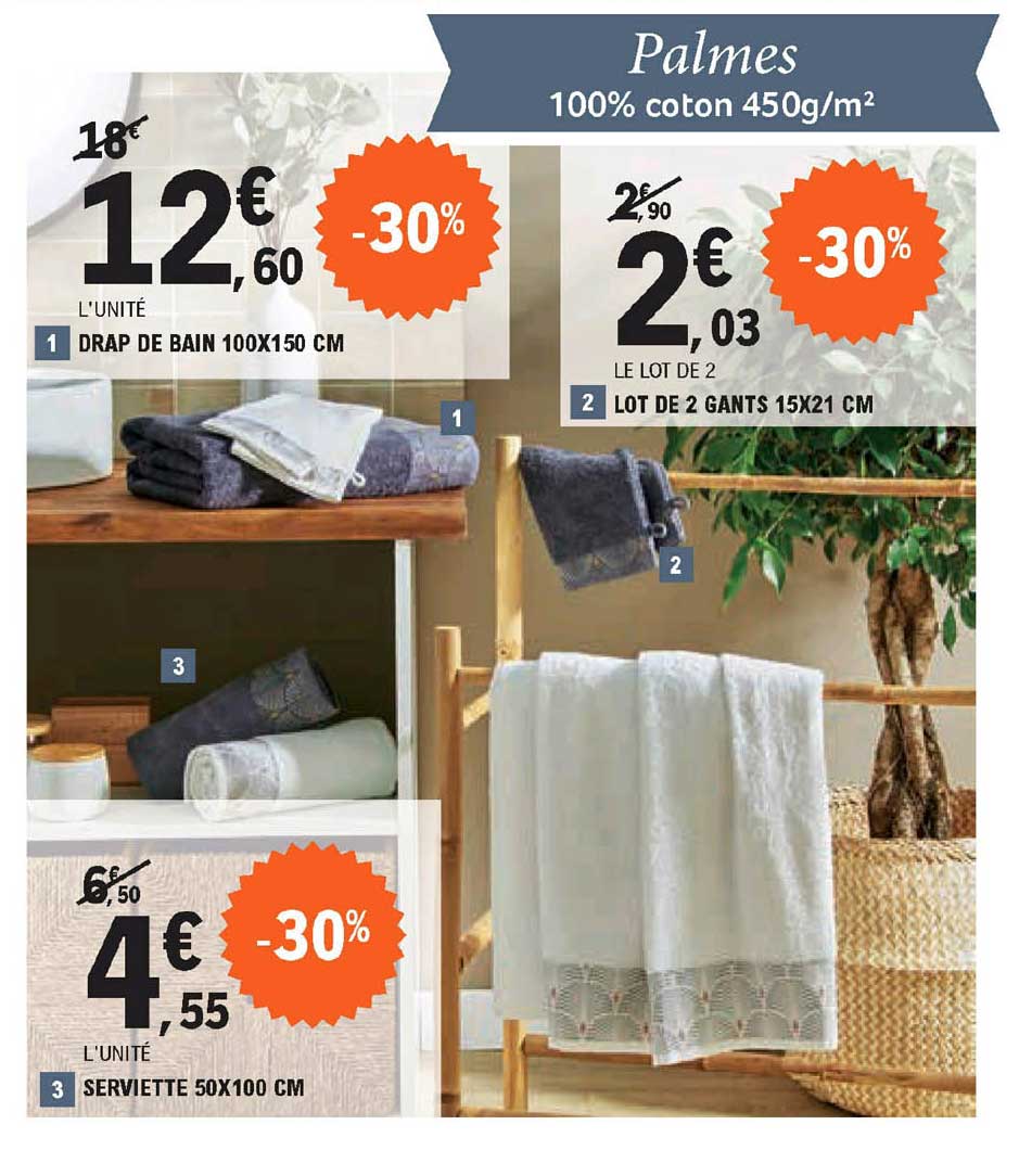 drap de bain, serviette ou lot de 2 gants palmes