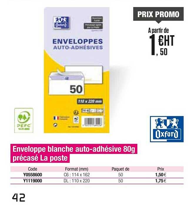 enveloppe blanche auto-adhésive 80g précasé la poste oxford