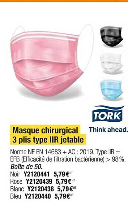 masque chirurgical 3 plis type IIR jetable tork