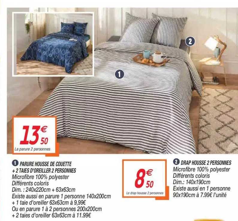 parure housse de couette + 2 taie d'oreiller 2 personnes, drap housse 2 personnes