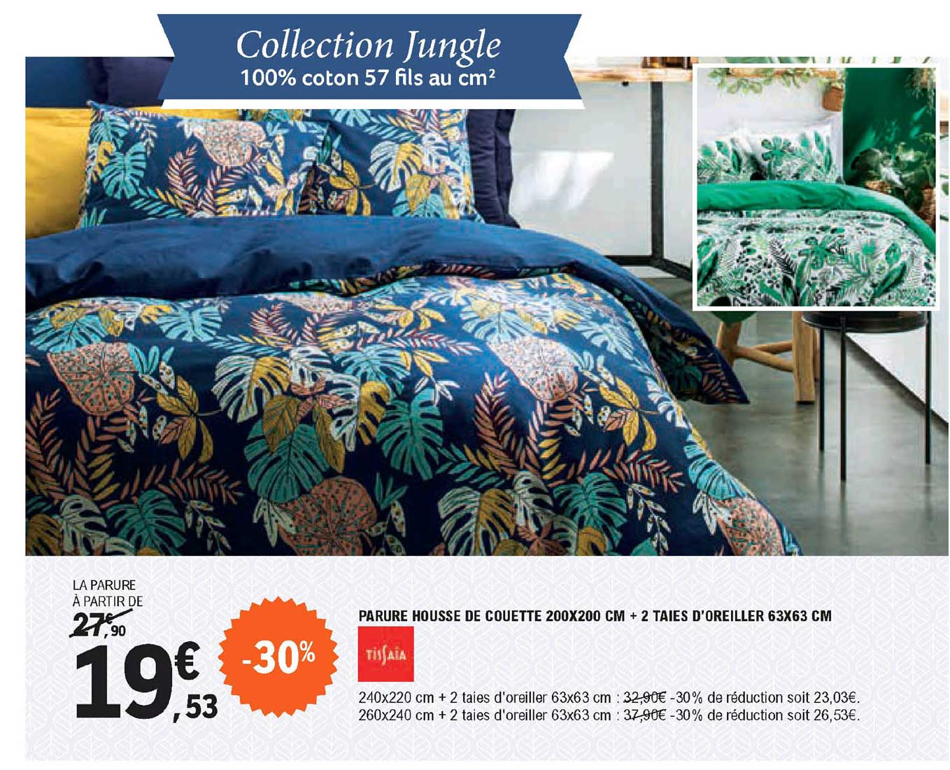 parure housse de couette + 2 taies d'oreiller tissaia