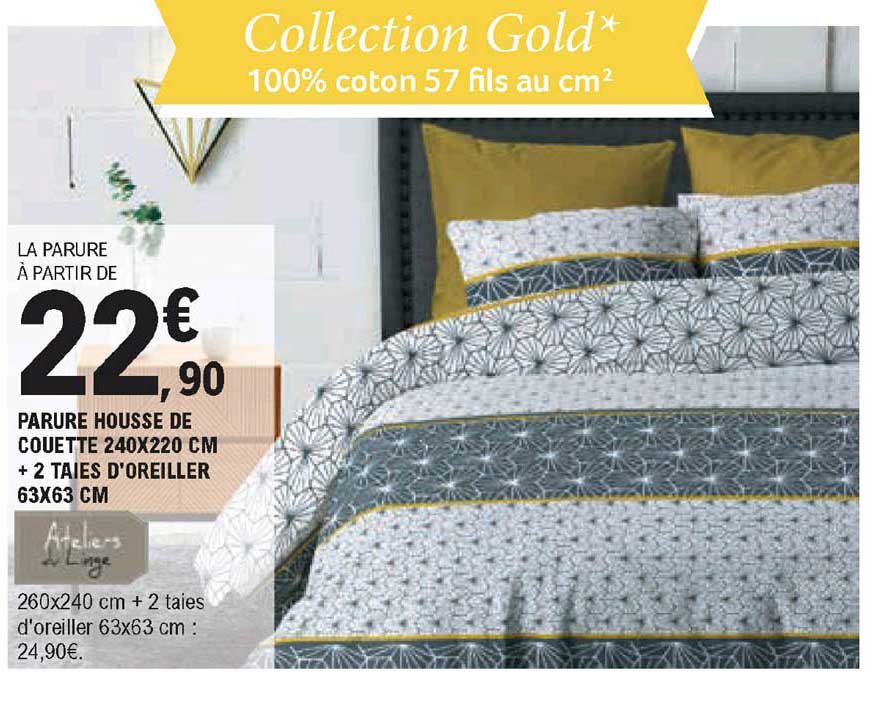 parure housse de couette + 2 taies d'oreiller collection gold