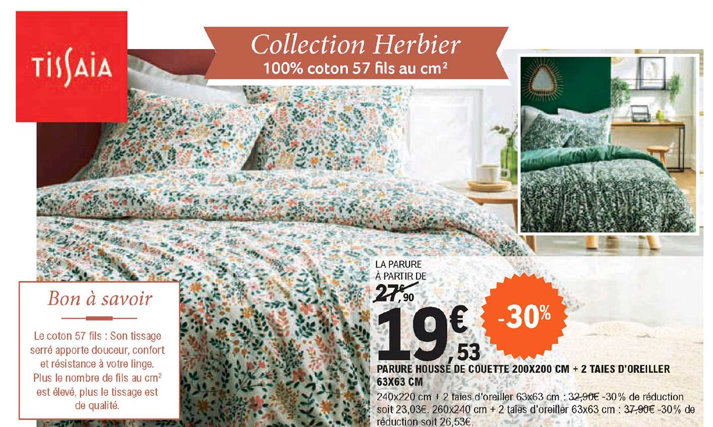 parure housse de couette + 2 taies d'oreiller tissaia