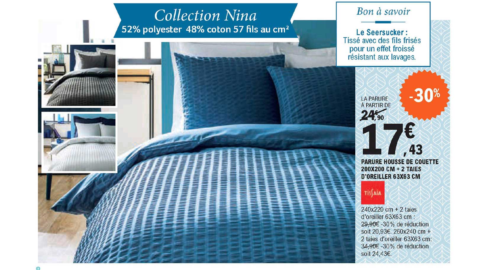 parure housse de couette 200 x 200 cm + 2 taies d'oreiller 63 x 63 cm tissaia