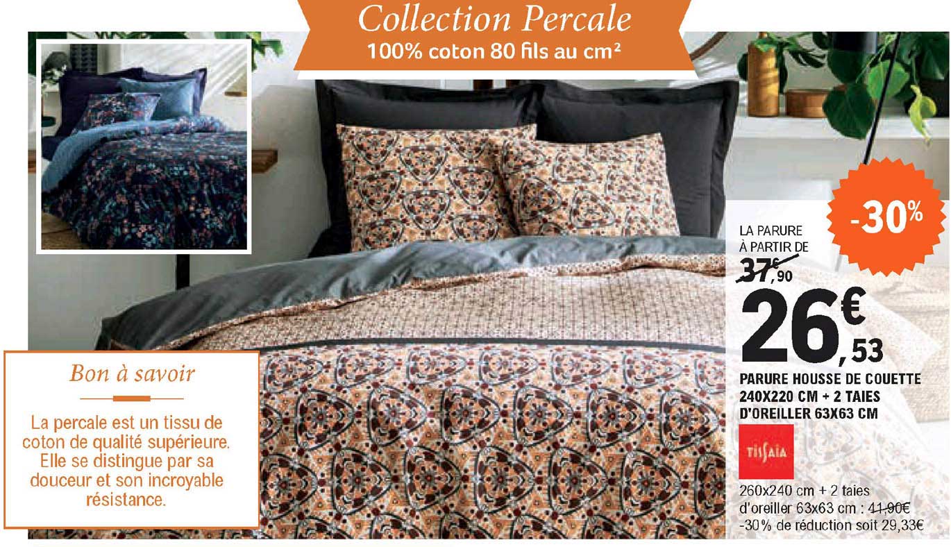 parure housse de couette 240 x 220 cm + 2 taies d'oreiller 63 x 53 cm tissaia