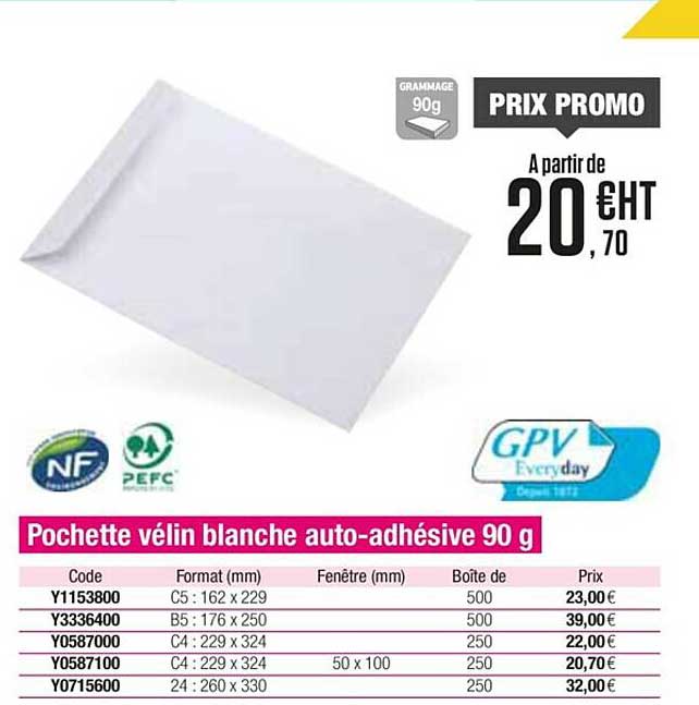 Pochette Vélin Blanche Auto-adhésive 90 G
