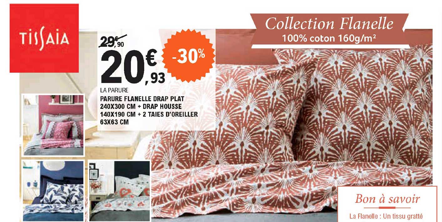 tissaia parure flanelle drap plat + drap housse + 2 taies d'oreiller collection flanelle