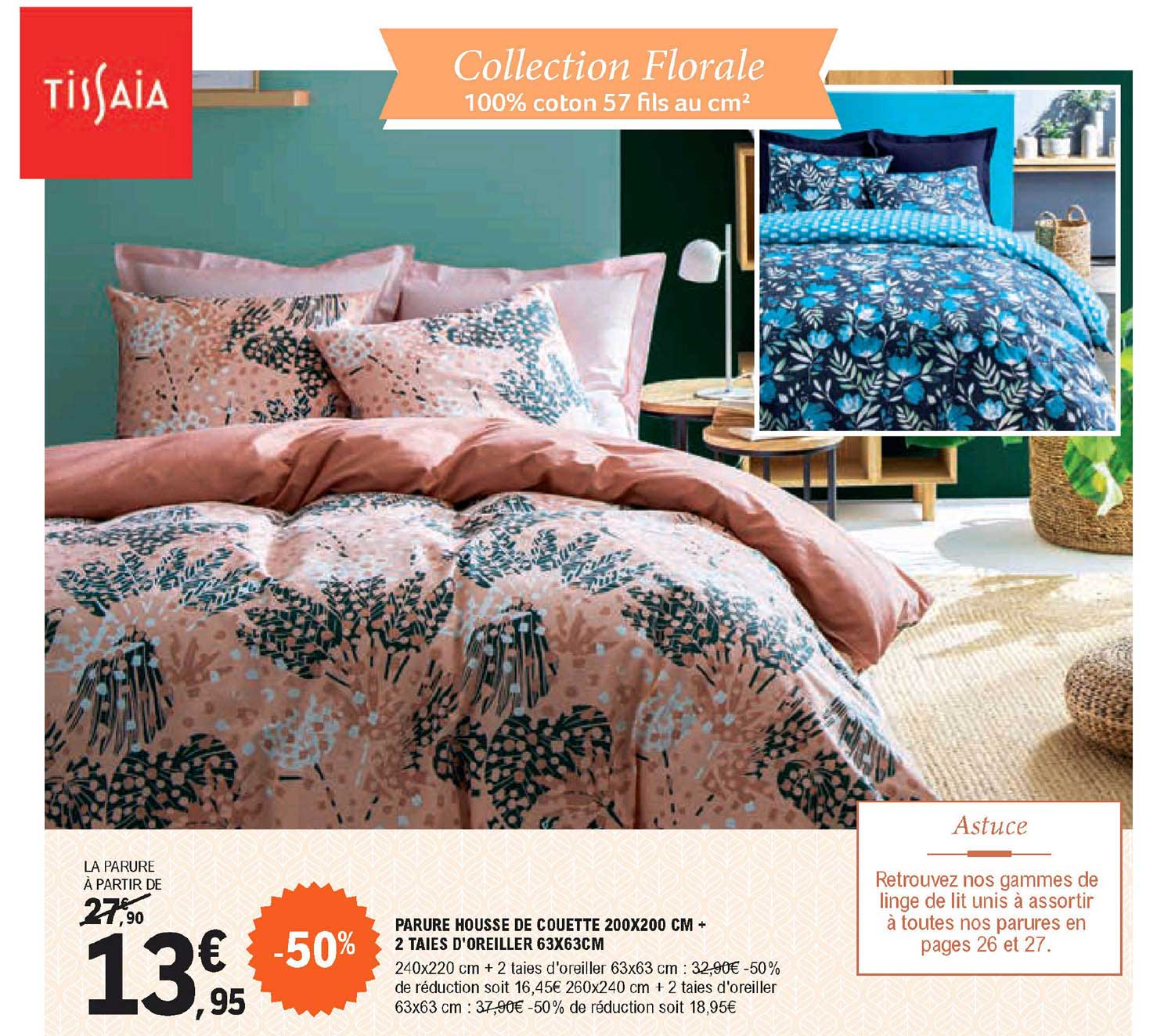 tissaia parure housse de couette + 2 taies d'oreiller collection florale