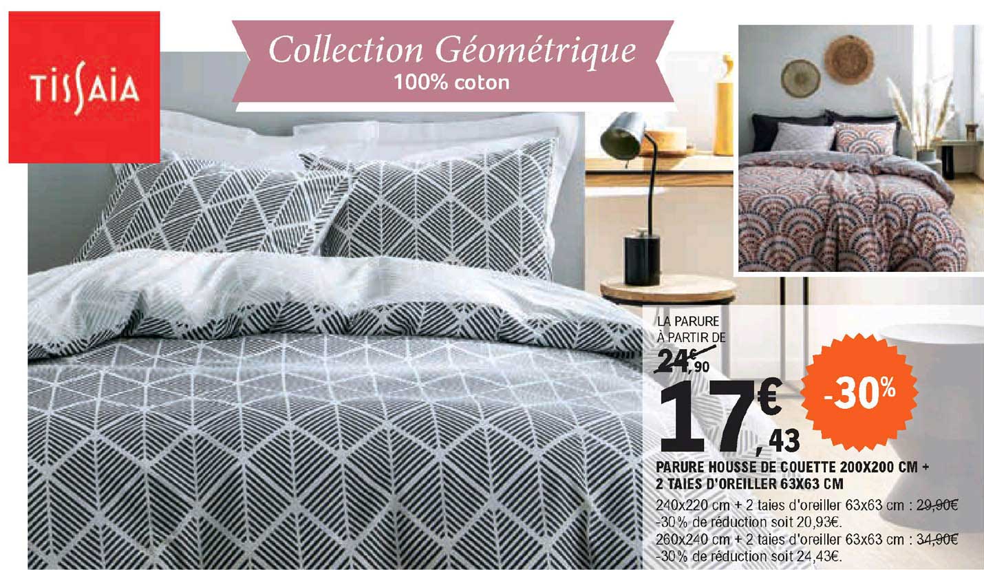 tissaia parure housse de couette + 2 taies d'oreiller collection géométrique