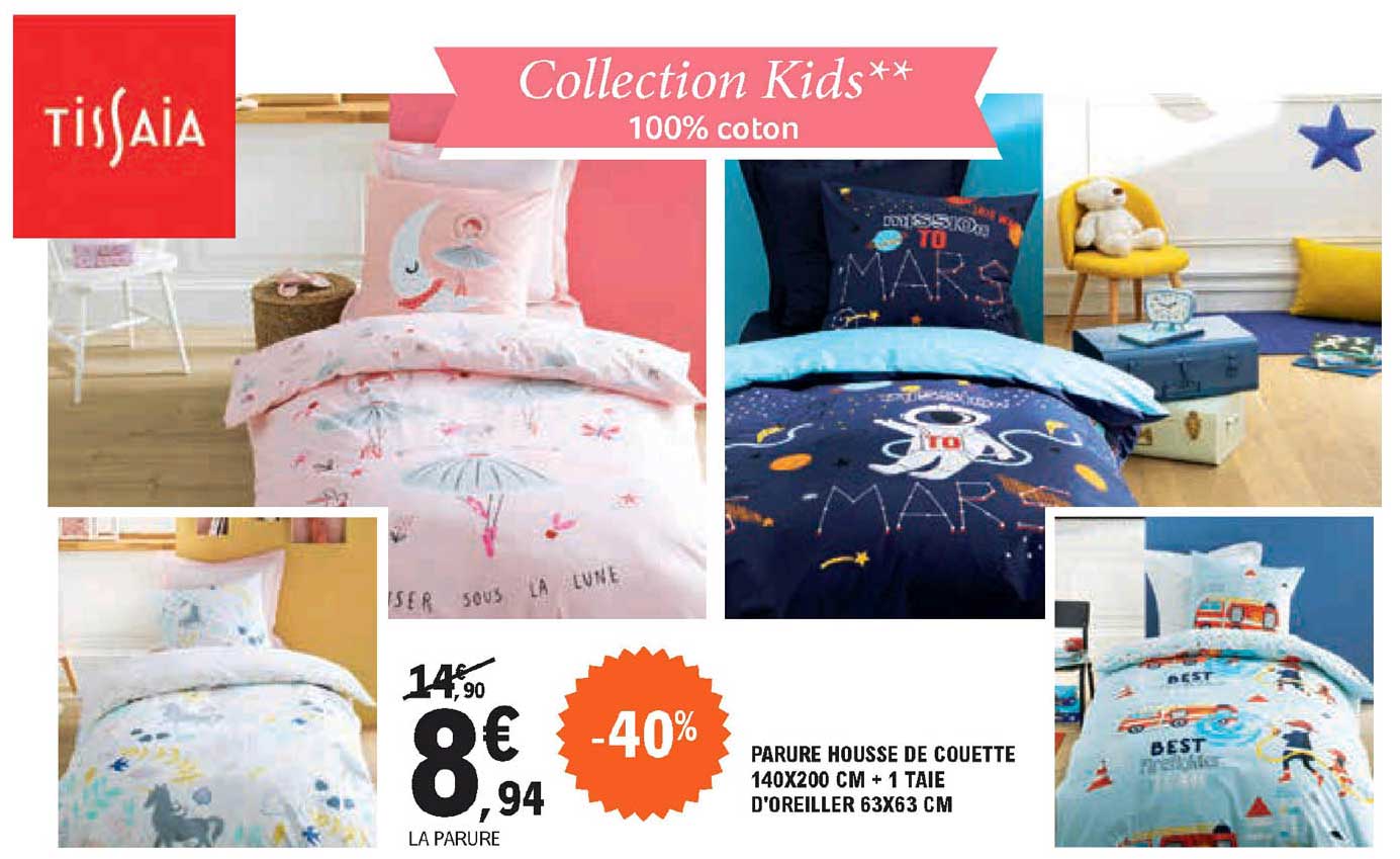 tissaia parure housse de couette + 2 taies d'oreiller collection kids