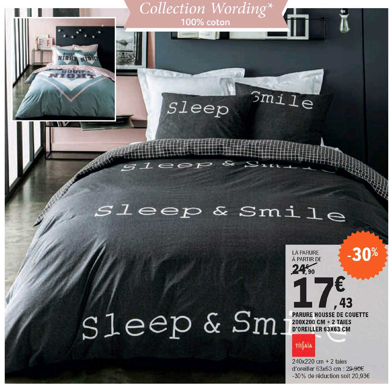 Tissaia Parure Housse De Couette + 2 Taies D'oreiller Collection Wording