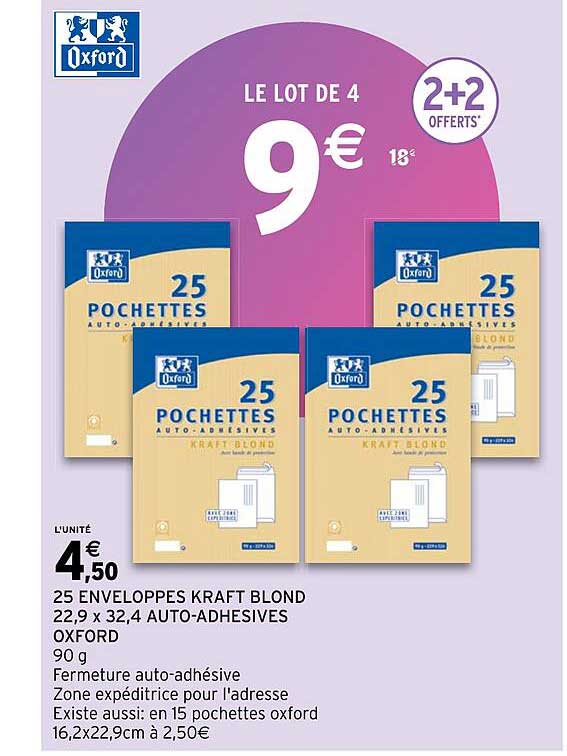 25 Enveloppes Kraft Blond 22,9 X 32,4 Auto-adhésives Oxford