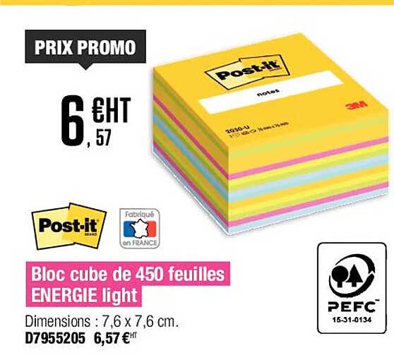 bloc cube de 450 feuilles energie light post-it