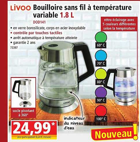 bouilloire sans fil à température variable 1.8l livoo