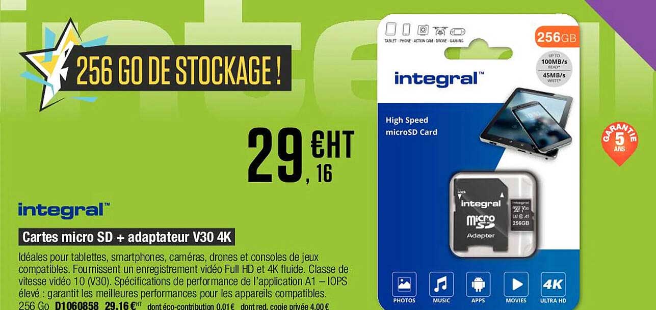 cartes micro sd + adaptateur v30 4k intégral