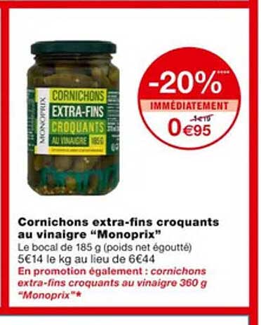 cornichons extra-fins croquants au vinaigre "monoprix"