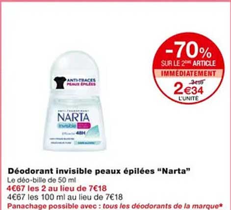 déodorant invisible peaux épilées "narta"