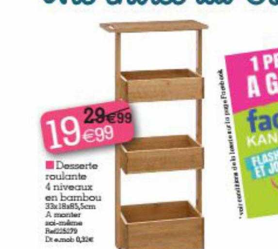 desserte roulante 4 niveaux en bambou