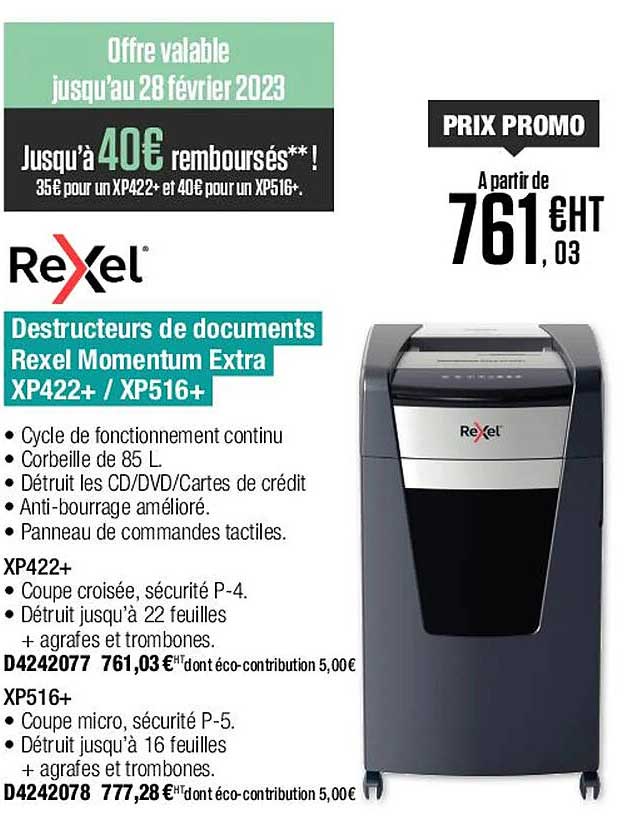 Destructeurs De Documents Rexel Momentum Extra Xp422+-xp516+