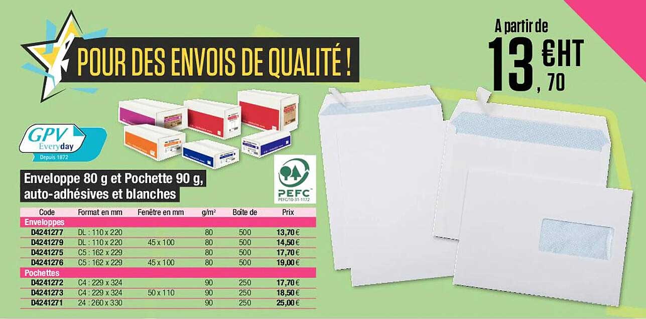 enveloppe 80 g et pochette 90 g, auto-adhésives et blances