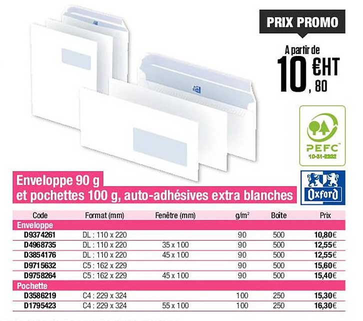 enveloppe 90 g et pochettes 100 g, auto-adhésives extra blanches oxford