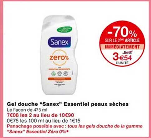 gel douche "sanex" essentiel peaux sèches