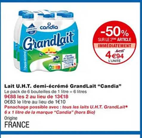 lait u.h.t. demi-écrémé grand lait "candia"