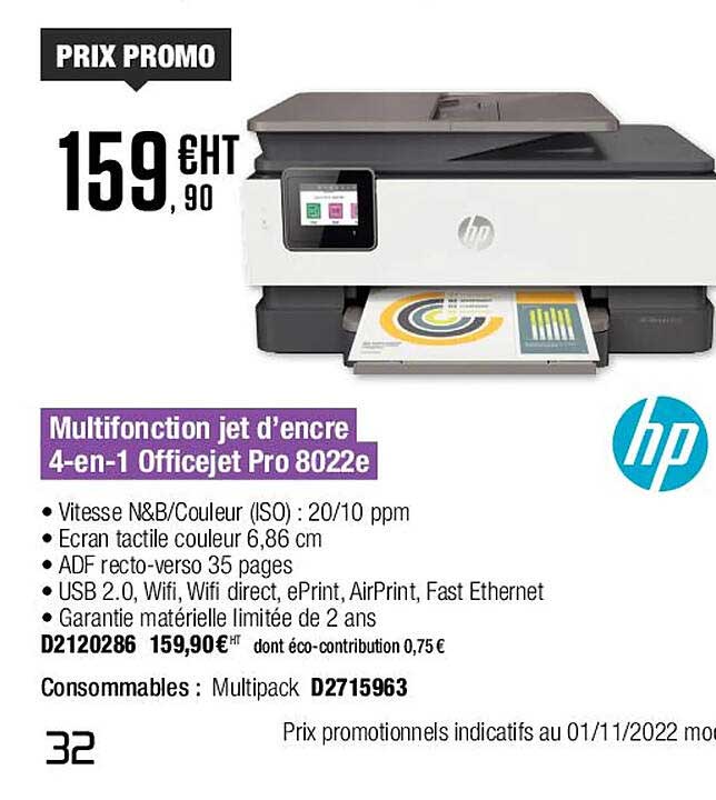 multifonction jet d'encre 4-en-1 officejet pro 8022e hp