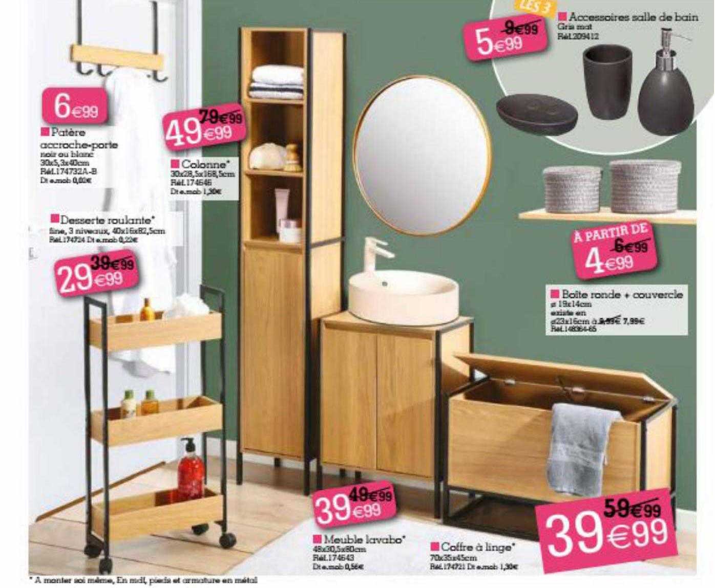 patère accroche-porte, colonne, desserte roulante, meuble lavabo, coffre à linge, boîte ronde + couvercle, accessoires salle de bain