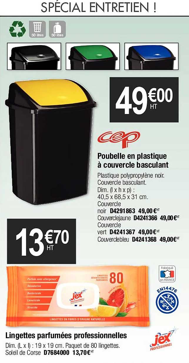 poubelles en plastique à couvercle basculant cep, lingettes parfumées professionnelles jex