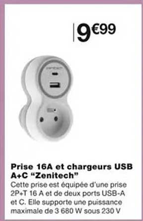 prise 16A et chargeurs usb a + c "zenitech"