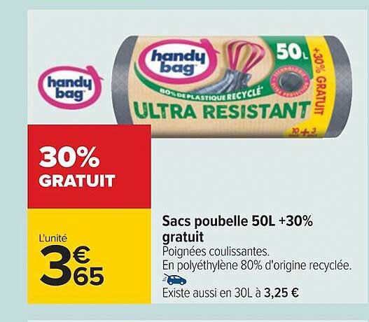 sacs poubelle 50l +30M gratuit handy bag