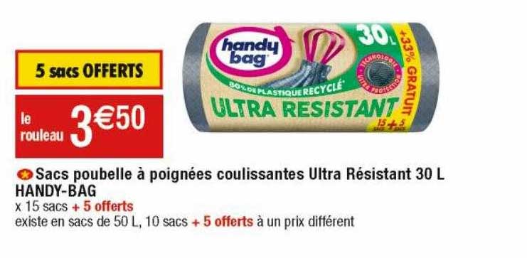 sacs poubelle à poignées coulissantes ultra résistant 30 l handy-bag