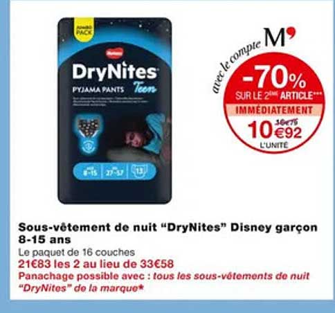 sous-vêtement de nuit "dryNites" disney garçon 8-15 ans