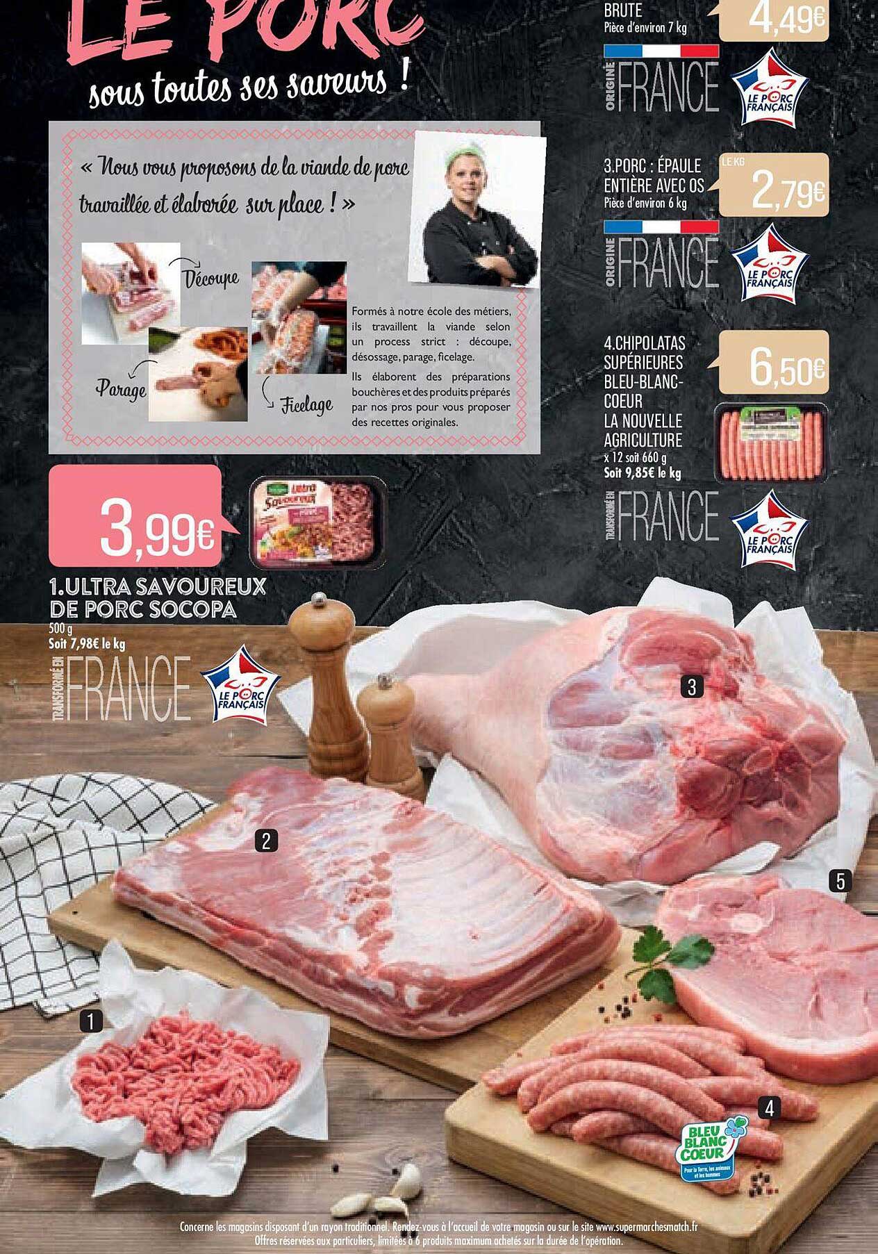 ultra savoureux de porc socopa, brute, porc : épaule entière avec os, chipolatas-supérieures bleu-blanc-cœur la nouvelle agriculture