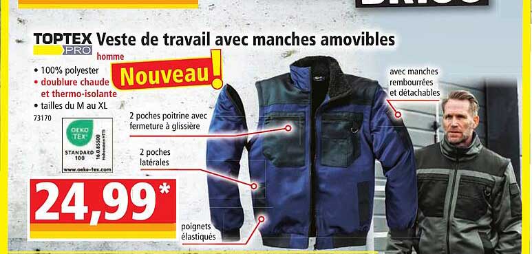 veste de travail avec manches amovibles homme toptex pro