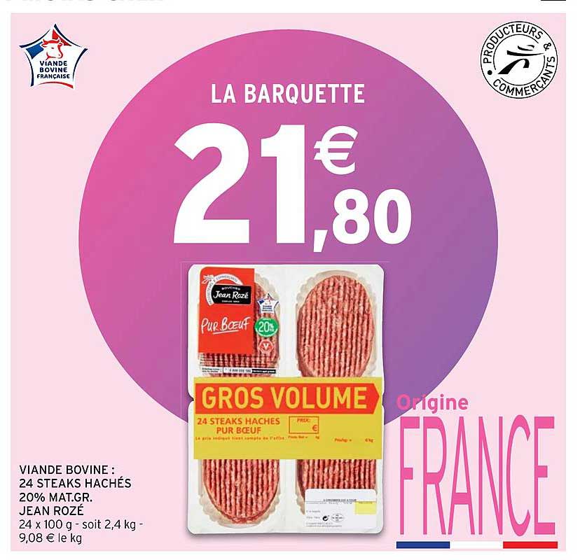viande bovine : 24 steaks hachés 20% mat. gr. jean rozé