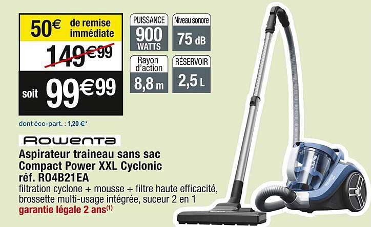 aspirateur traîneau sans sac compact power xxl cyclonic rowenta