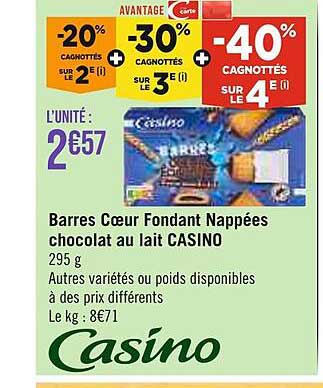 barres cœur fondant nappées chocolat au lait casino