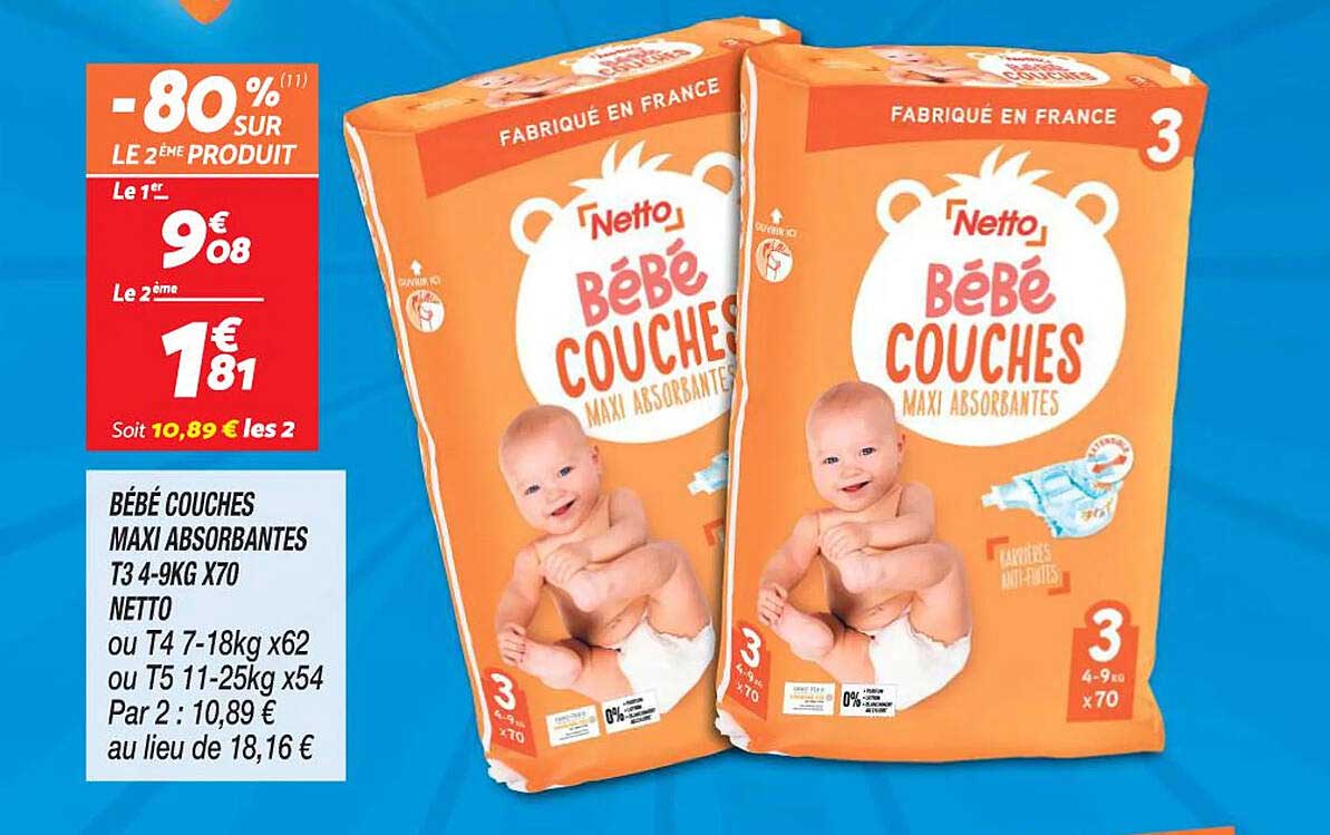 bébé couches maxi absorbantes t3 4-9 kg x 70 netto
