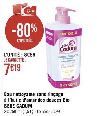 eau nettoyante sans rinçage à l'huile d'amandes douces bio bebe cadum