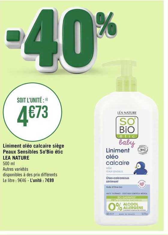 Liniment Oléo Calcaire Siège Peaux Sensibles So'bio étic Lea Nature