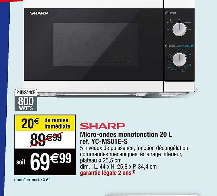 micro-ondes monofonction 20 l sharp