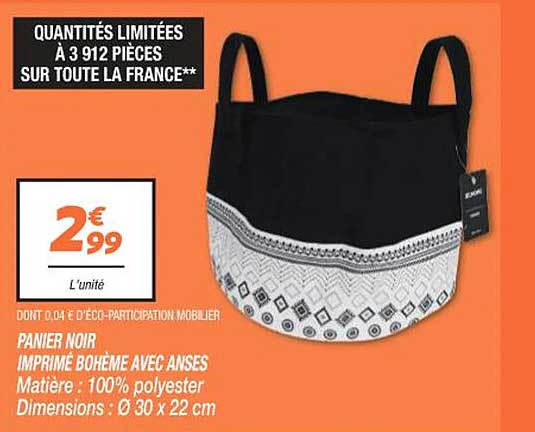 Panier Noir Imprimé Bohème Avec Anses