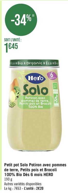 petit pot solo potiron avec pommes de terre, petits pois et brocoli 100% bio dès 6 mois hero