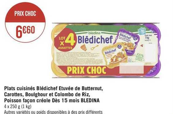 plats cuisinés blédichef etuvée de butternut, carottes, boulghour et colombo de riz, poisson façon créole dès 15 mois bledina