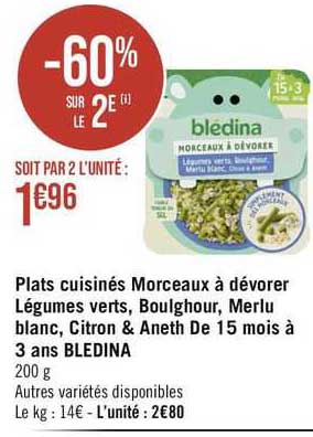 plats cuisinés morceaux à dévorer légumes verts, boulghour, merlu blanc, citron & aneth de 15 mois à 3 ans bledina