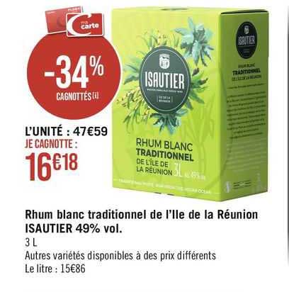 rhum blanc traditionnel de l'ile de la réunion isautier 49% vol.