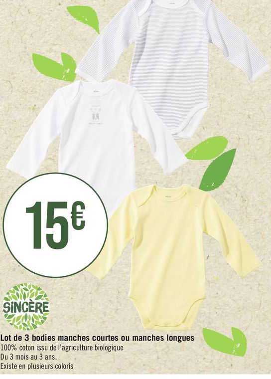 sincère lot de 3 bodies manches courtes ou manches longues