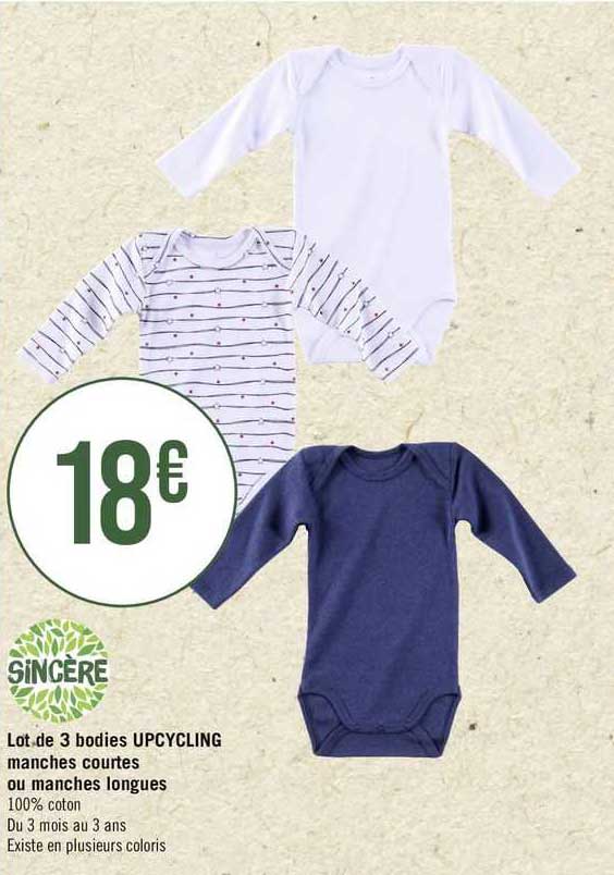 sincère lot de 3 bodies upcycling manches courtes ou manches longues